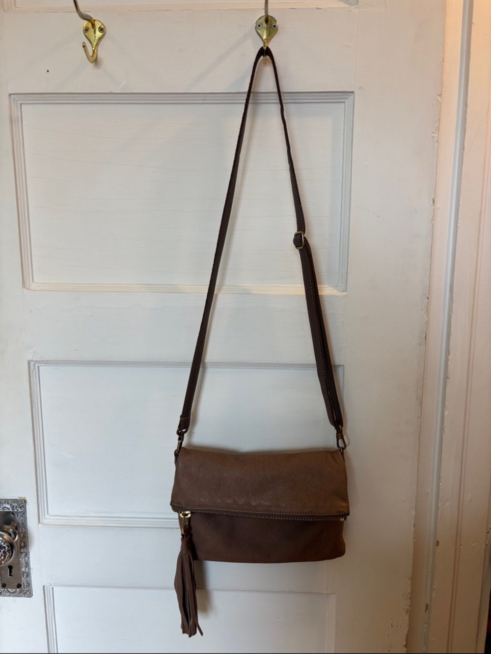 Roots Brown Leather Crossbody Bag with Tassel